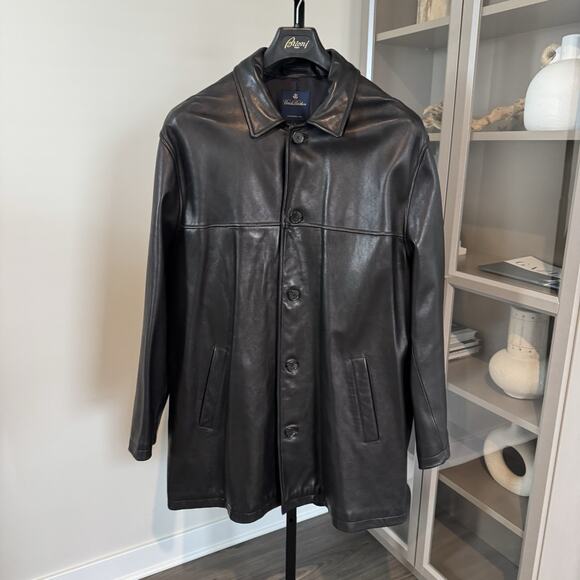 Brooks Brothers Leather Soft Black Button Mid Length Overcoat XL Collar Jacket
